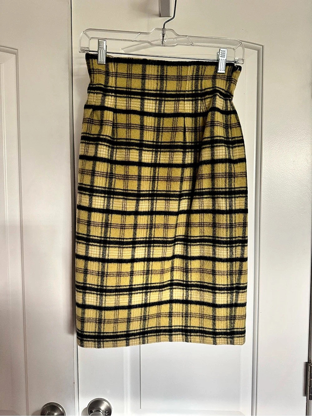 Vintage Carven Sport Plaid Wool Midi Skirt in Yellow & Black Like New
